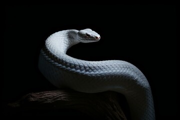 A solitary albino serpent's tail stands out against a dark backdrop. Generative AI