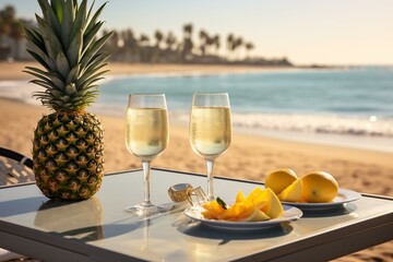Breakfast with sparkling wine and pineapple overlooking the beach and sea in Marbella, Costa del Sol. Popular vacation spot in Andalusia, Spain. Generative AI