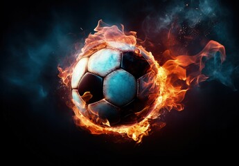 Fototapeta premium Soccer ball on fire, black background. Generative AI