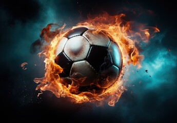 Fototapeta premium Soccer ball on fire, black background. Generative AI