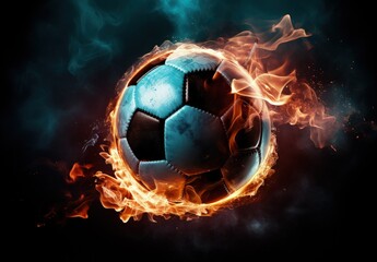 Soccer ball on fire, black background. Generative AI