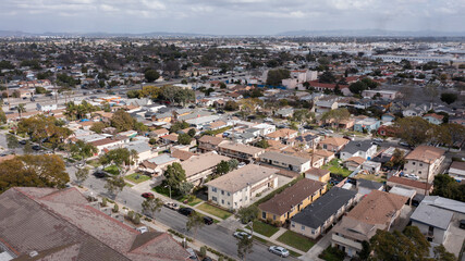 South Gate, California, USA - February 11, 2023: View of a dense neighborhood near downtown South...