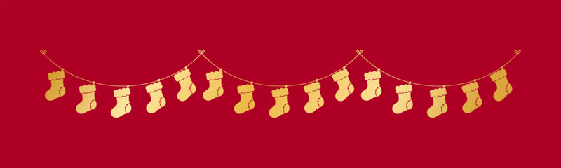 Gold Christmas Stocking Silhouette Garland Vector Illustration, Christmas Socks Graphics Festive Winter Holiday Season Bunting