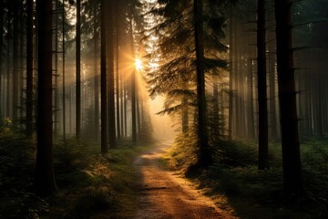 Magical sunset in the forest with the sun's rays penetrating through the trees