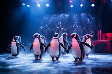 A stage performance with penguins showcasing lively cabaret acts. Generative AI