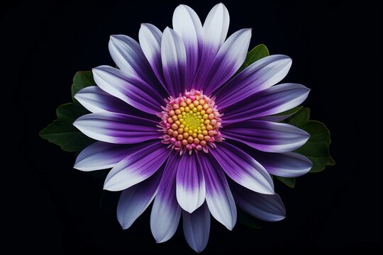 An image of a vibrant flower on a dark background with a striking purple and white center. Generative AI