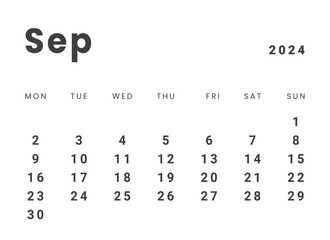 Template design of Monthly Calendar on september 2024. Vector layout minimal calendar with week start Monday.