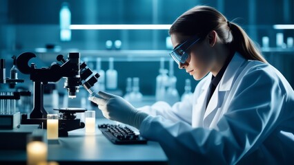 Researcher working in a laboratory. Medical tests background