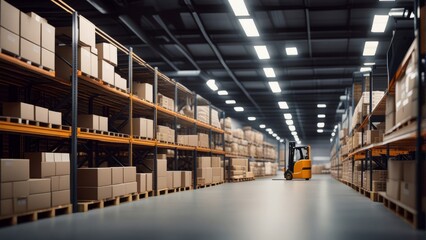 Retail warehouse full of shelves with goods in cartons, with pallets and forklifts.