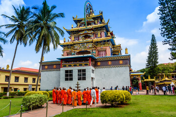 The Padmasambhava Buddhist Vihara, known locally as the Golden Temple, is part of the Namdroling Monastery in Bylakuppe, Karnataka, India.