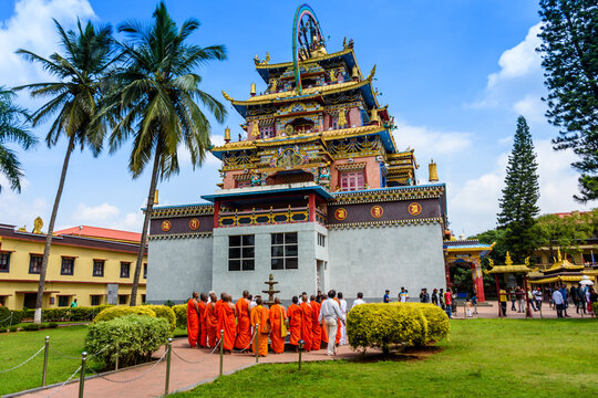 The Padmasambhava Buddhist Vihara, known locally as the Golden Temple, is part of the Namdroling Monastery in Bylakuppe, Karnataka, India.