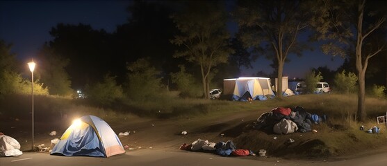  Homeless encampment site on side of the road at night from Generative AI - obrazy, fototapety, plakaty