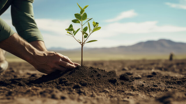 A person planting a tree in a barren landscape,  symbolizing reforestation and ecological restoration