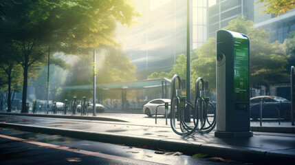 A sustainable transportation hub with electric vehicle charging stations and bike-sharing facilities in an ecological setting - obrazy, fototapety, plakaty