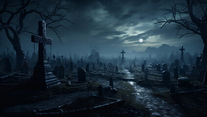 Dark fear sky cemetery grave dead night halloween tomb cross death horror background - obrazy, fototapety, plakaty