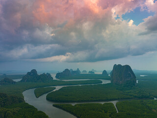 .Canals winding in the mangroves create a heart-shaped island..Aerial drone view Imagine the...