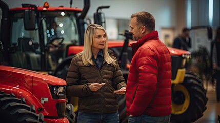 Female tractor salesperson stands in showroom and guarantees spare parts and service of agricultural machinery.