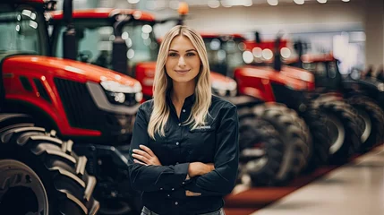 Foto op Aluminium Female tractor salesperson stands in showroom and guarantees spare parts and service of agricultural machinery. © somchai20162516
