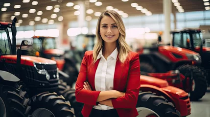 Crédence de cuisine en verre imprimé Tracteur Female tractor salesperson stands in showroom and guarantees spare parts and service of agricultural machinery.