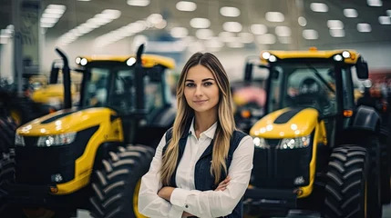 Türaufkleber Female tractor salesperson stands in showroom and guarantees spare parts and service of agricultural machinery. © somchai20162516