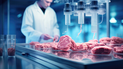 A biotech lab cultivating lab-grown meat as a sustainable alternative to traditional livestock farming