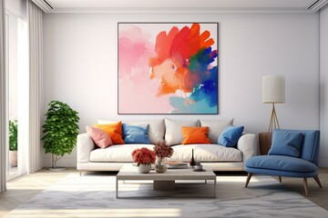 Front view of vibrant living room with white wall. Generative AI