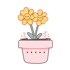 Funny yellow flowers with smile faces and leaves in cute pink flowerpot. Kawaii floweret. Flat hand drawn style. Cartoon floral character. Vector illustration. Greeting card, postcard, scrabbucking. 