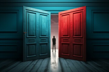 Illustration shows decision or hesitation with two doors. Choose between them. Generative AI