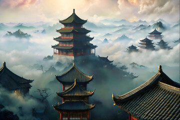Fototapeta premium Fantastic Chinese Landscape Ancient Architecture