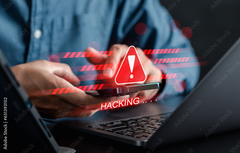 Poster Alert System hacked popup on screen, spam virus with warning caution for notification on internet security protect, code and cyber security and phishing spyware and compromised information.