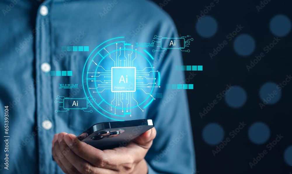 Poster Businessman using chat ai in computer smart intelligence Ai. Chat with AI Artificial Intelligence, developed and generate. Futuristic technology, robot in online system.