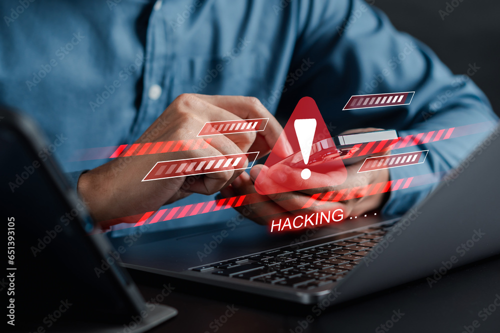 Poster Alert System hacked popup on screen, spam virus with warning caution for notification on internet security protect, code and cyber security and phishing spyware and compromised information.