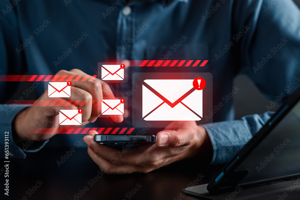 Poster Alert Email inbox and spam virus with warning caution for notification on internet letter security protect, junk and trash mail and compromised information.