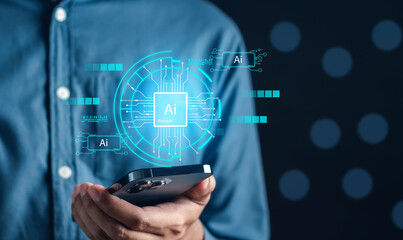 Businessman using chat ai in computer smart intelligence Ai. Chat with AI Artificial Intelligence, developed and generate. Futuristic technology, robot in online system.