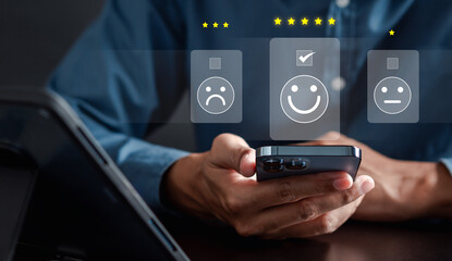 Experience of Customer and User give rating on online service on application smartphone, Satisfaction feedback and review give best quality good product survey ranking in top online business.
