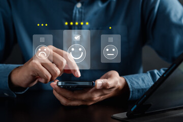 Experience of Customer and User give rating on online service on application smartphone, Satisfaction feedback and review give best quality good product survey ranking in top online business.