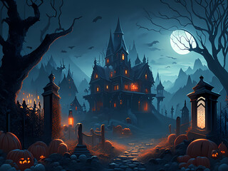 Halloween cemetery and castle illustration