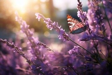 Close-up of purple butterfly in a field with purple flowers amid misty morning light, in a home garden. Generative AI