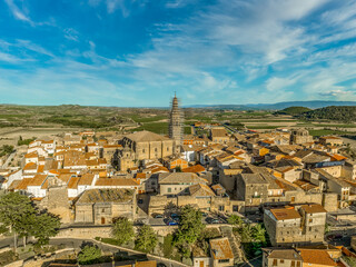 Aerial panoramic view of Briones, medieval hilltop village with Gothic church and ruined castle...