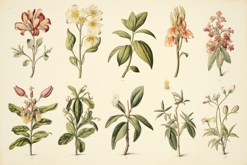 Antique botanical artwork with floral motifs and distressed aesthetic, ideal for wall decor or printing. Generative AI