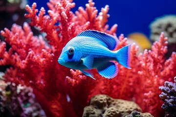 Fototapeta na wymiar Blue damselfish swimming in coral reef artwork. Generative AI