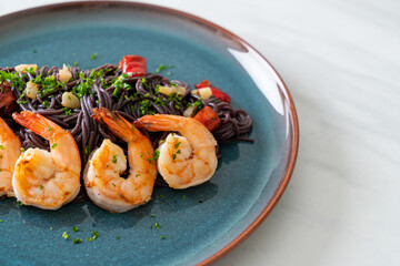 stir-fried black spaghetti with garlic and shrimps