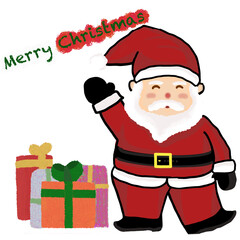Santa Claus in red, gestured to raise one hand to the Merry Christmas message