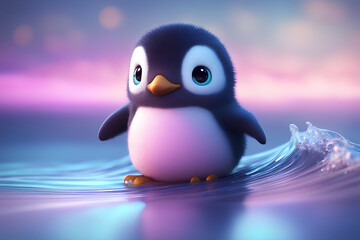 3d render of a penguin on a surfboard. - obrazy, fototapety, plakaty
