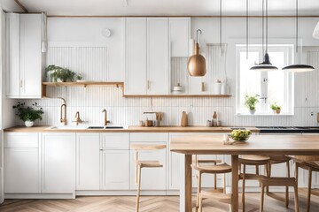 Fototapeta na wymiar Scandinavian classic kitchen with wood and white accents, minimalist interior design