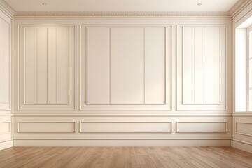 Modern, neutral, well-lit room with paneling and trim. Empty and bright. 3D rendered design concept. Generative AI