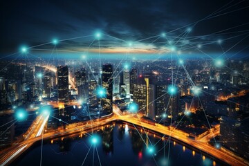 Fototapeta na wymiar Blurred cityscape showcasing network connectivity, digital revolution, and smart cities. Generative AI