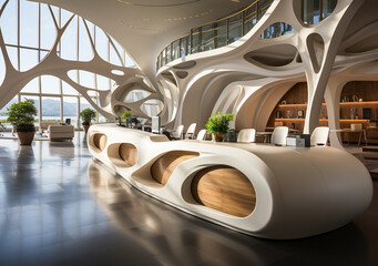 Generative AI. modern and futuristic hotel lobby space. sleek front desk with a white counter parametric design