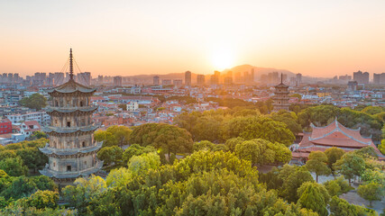Aerial photography of the East and West Twin Towers of Kaiyuan Temple and West Street of Quanzhou City, Quanzhou City, Fujian Province, China