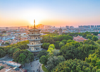 Aerial photography of the East and West Twin Towers of Kaiyuan Temple and West Street of Quanzhou City, Quanzhou City, Fujian Province, China